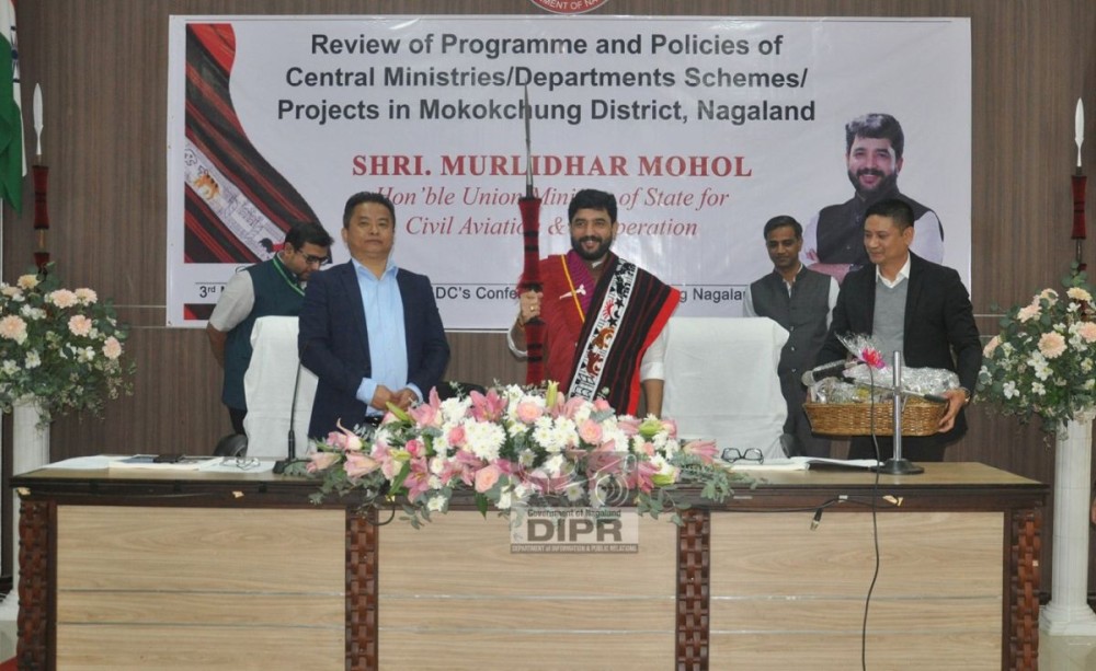 Union Minister of State for Civil Aviation & Cooperation, Murlidhar Mohol being felicitated during his visit at Mokokchung on March 3. (DIPR Photo)