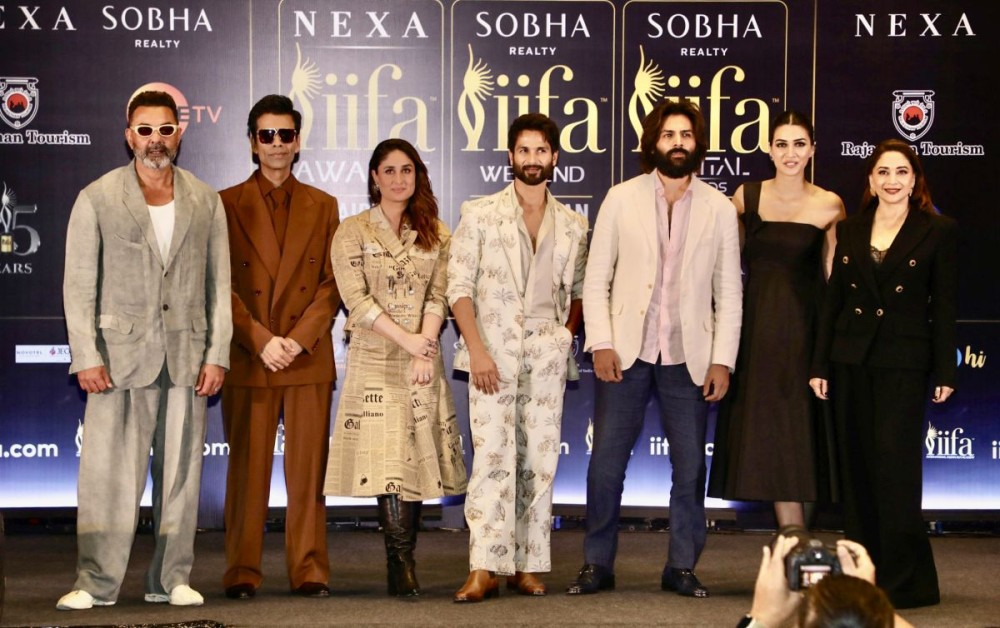 Jaipur: Filmmaker Karan Johar, actors Kartik Aaryan, Bobby Deol, Shahid Kapoor, Kareena Kapoor Khan, Kriti Sanon, and Madhuri Dixit pose for photos during the IIFA 2025 press conference in Jaipur on Saturday, March 08, 2025. (Photo: IANS)