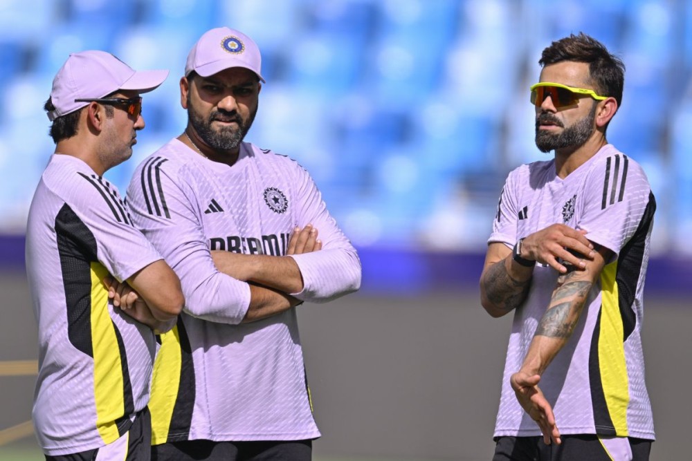 Dubai: India’s head coach Gautam Gambhir with captain Rohit Sharma and player Virat Kohli during the practice session ahead of the ICC Champions Trophy final match against New Zealand in Dubai on Saturday, March 08, 2025. (Photo: IANS/Suman Chattopadhyay)