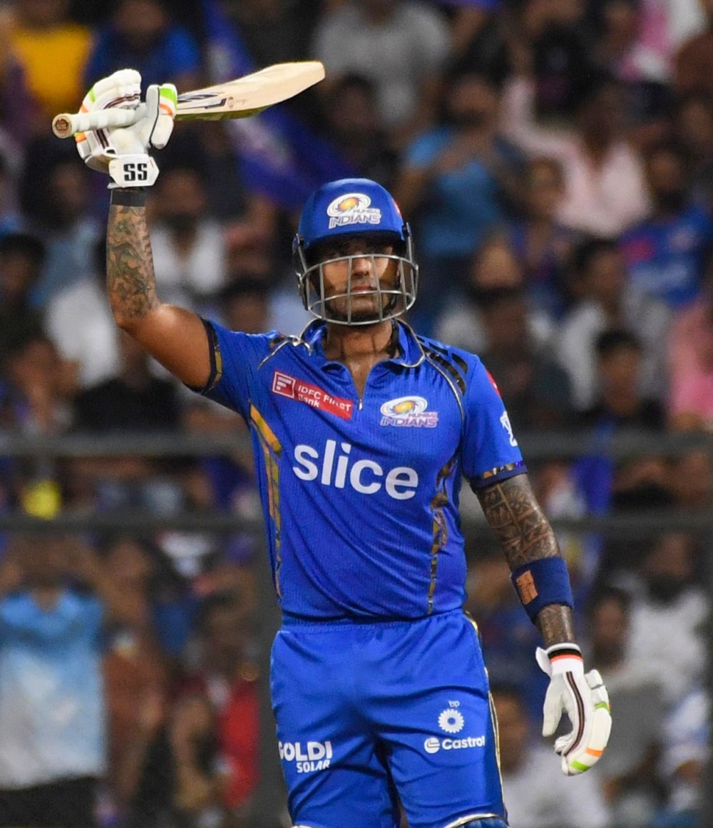 Mumbai : Mumbai Indians' Suryakumar Yadav celebrates his half-century during the IPL match between Mumbai Indians and Kolkata Knight Riders at Wankhede Stadium, in Mumbai, Friday, May 03, 2024. (Photo: IANS)