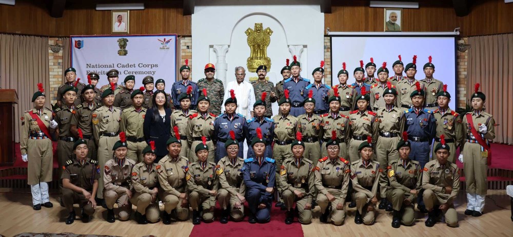 Nagaland Governor La Ganesan felicitates NCC cadets during a Mann Ki Baat screening at Raj Bhavan, Kohima, on March 30. (Photo Courtesy: PRO Raj Bhavan)
