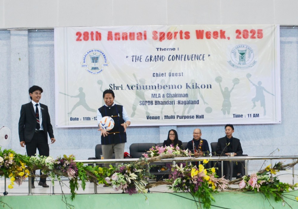 MLA Achumbemo Kikon officially launches the School of Agricultural Sciences (SAS), Nagaland University 28th Annual Sports Week 2025 by kicking off the football match.