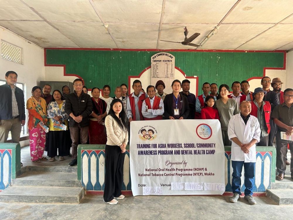 Dr. N. Mhonchan Kithan, Medical Superintendent, DMMDH, Dr. Chenithung Yanthan, Senior Dental Surgeon, staff, and beneficiaries during the Dental Health Camp at Old Changsu Village on February 28.