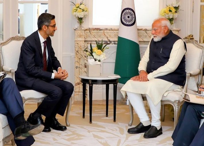Paris: Prime Minister Narendra Modi meets CEO of Google and Alphabet, Sundar Pichai during a meeting in Paris on Wednesday, February 12, 2025. (Photo: IANS)