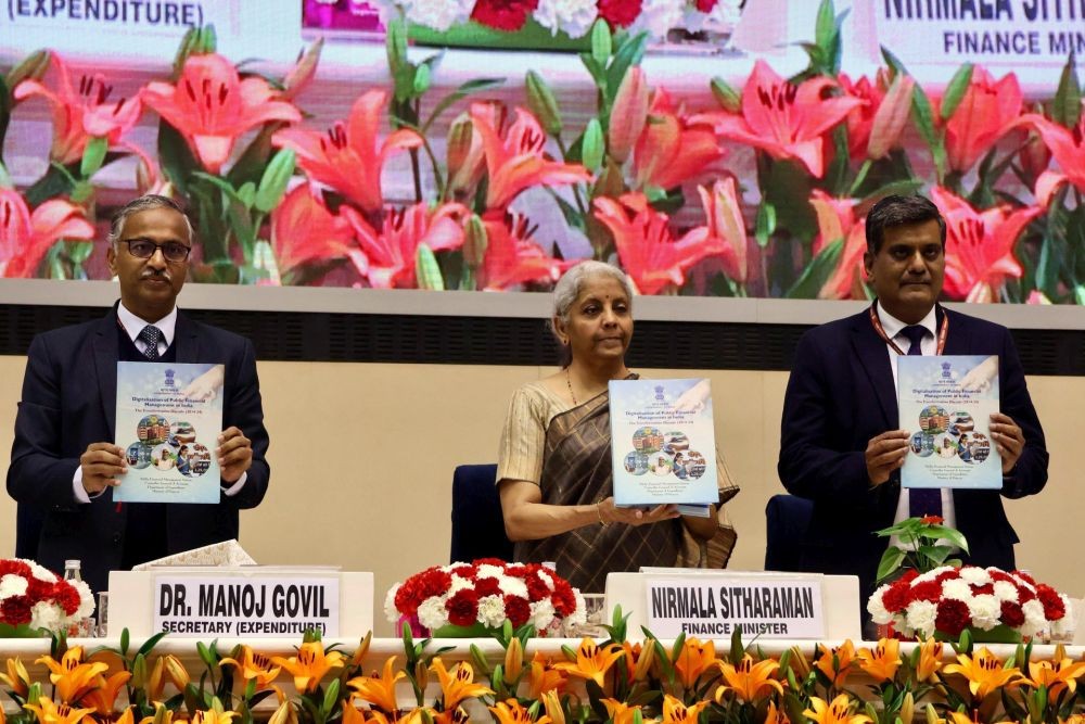 New Delhi: Finance Minister Nirmala Sitharaman with Controller General of Accounts Shyam S. Dubey and Expenditure Secretary Dr. Manoj Govil during the 49th Civil Accounts Day celebrations in New Delhi on Saturday, March 1, 2025. (Photo: IANS)