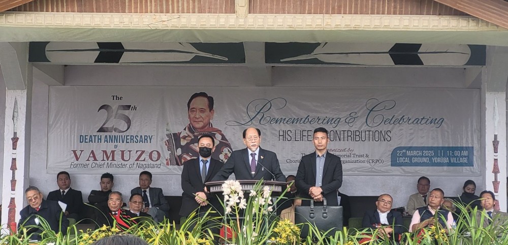 Chief Minister Dr Neiphiu Rio addressing 25th Death Anniversary of Vamuzo at Yoruba village on March 22. (Morung Photo)
