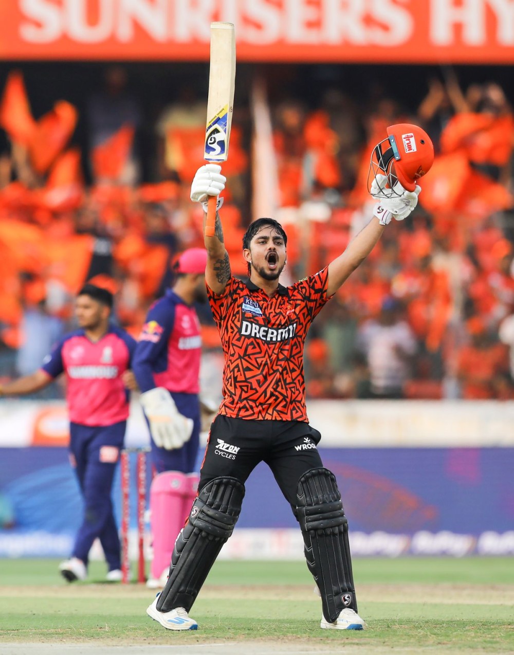 Hyderabad: Sunrisers Hyderabad's Ishan Kishan celebrates after scoring a century during the Indian Premier League (IPL) cricket match between Sunrisers Hyderabad and Rajasthan Royals at Rajiv Gandhi International Stadium in Hyderabad, Sunday, March 23, 2025. (Photo: IANS/Suresh Kumar)