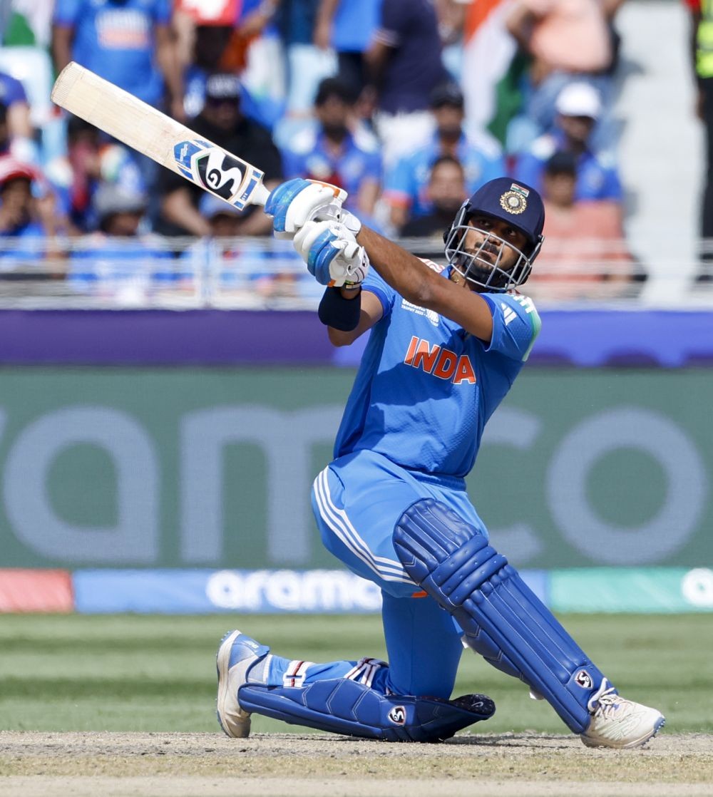 Dubai: India's Axar Patel plays a shot during the ICC Champions Trophy match between India and New Zealand at Dubai International Stadium, Dubai, on Sunday, March 02, 2025. (Photo: IANS)