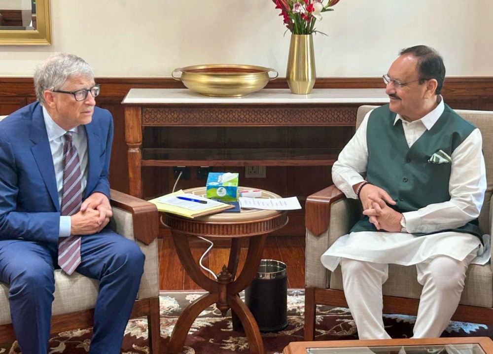 New Delhi: Union Minister JP Nadda meets Microsoft founder Bill Gates in New Delhi on Wednesday, March 19, 2025. (Photo: IANS)