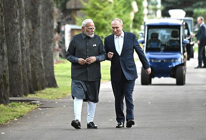 Moscow : Prime Minister Narendra Modi with Russian President Vladimir Putin during an informal meeting at Novo-Ogaryovo residence, in Moscow, Russia, Monday, July 8, 2024. (Photo: IANS/Kremlin)