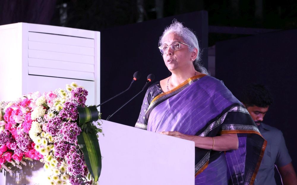 Chennai: Union Finance Minister Nirmala Sitharaman addresses a programme organised by the Chennai Citizens' Forum in Chennai on Saturday, March 22, 2025. (Photo: IANS)
