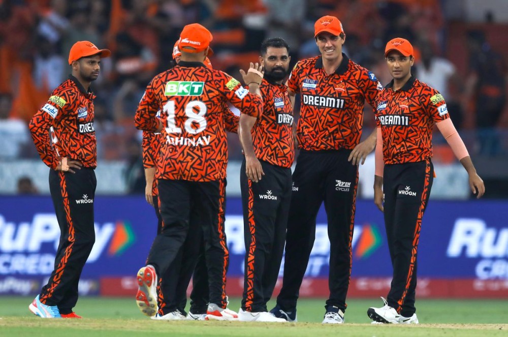 Hyderabad: Sunrisers Hyderabad's Mohammed Shami celebrates with teammates after dismissing Rajasthan Royals' Nitish Rana during the Indian Premier League (IPL) cricket match between Sunrisers Hyderabad and Rajasthan Royals at Rajiv Gandhi International Stadium in Hyderabad on Sunday, March 23, 2025. (Photo: IANS/Suresh Kumar)