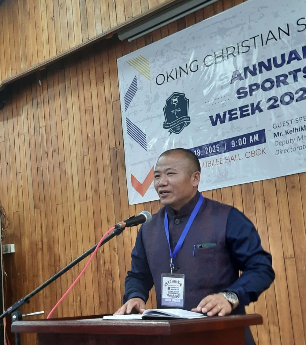 Kelhikha Kenye addressing inaugural ceremony of the Annual Sports Week 2025 of Oking Christian School Kohima on March 18.
