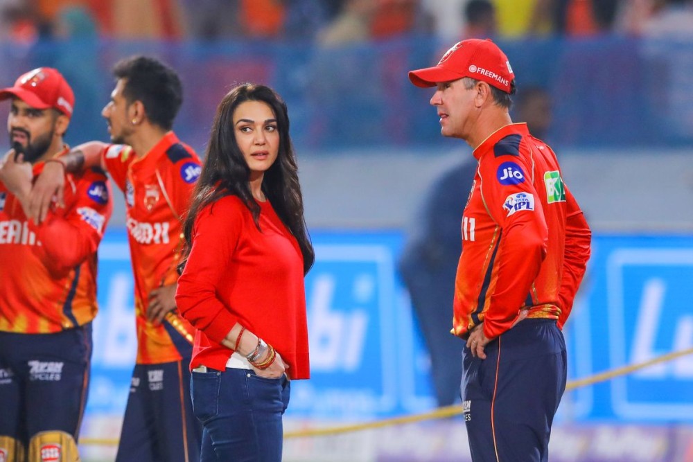 Hyderabad: Punjab Kings co-owner Preity Zinta and head coach Ricky Ponting seen at the end of the Indian Premier League (IPL) 2025 match against Sunrisers Hyderabad at Rajiv Gandhi International Cricket Stadium in Hyderabad on Saturday, April 12, 2025. (Photo: IANS)
