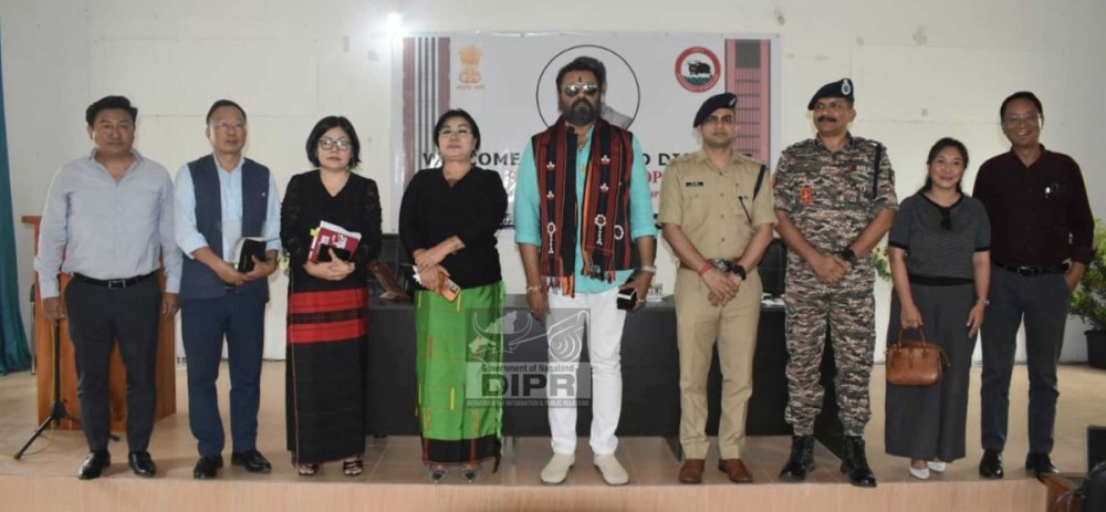 Union Minister Suresh Gopi with DC Niuland Sara S Jamir and other officials during his visit at Niuland on April 9. (DIPR Photo)
