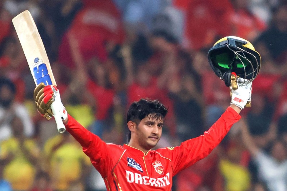 New Chandigarh: Punjab Kings' Priyansh Arya celebrates after scoring a century during the Indian Premier League (IPL) 2025 match between Chennai Super Kings (CSK) and Punjab Kings (PBKS) at the Maharaja Yadavindra Singh Cricket Stadium in New Chandigarh on Tuesday, April 8, 2025. (Photo: IANS/Biplab Banerjee)