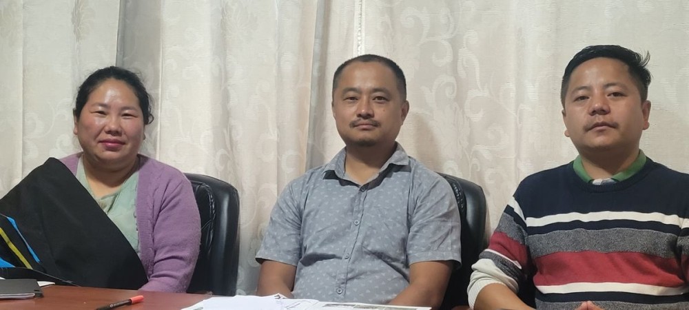 Mhasheneinu Zao Richa, Dr Teputo Richa and Vikukhoto Rolnu at the press conference at Hotel Ura, Kohima on April 21. (Morung Photo)