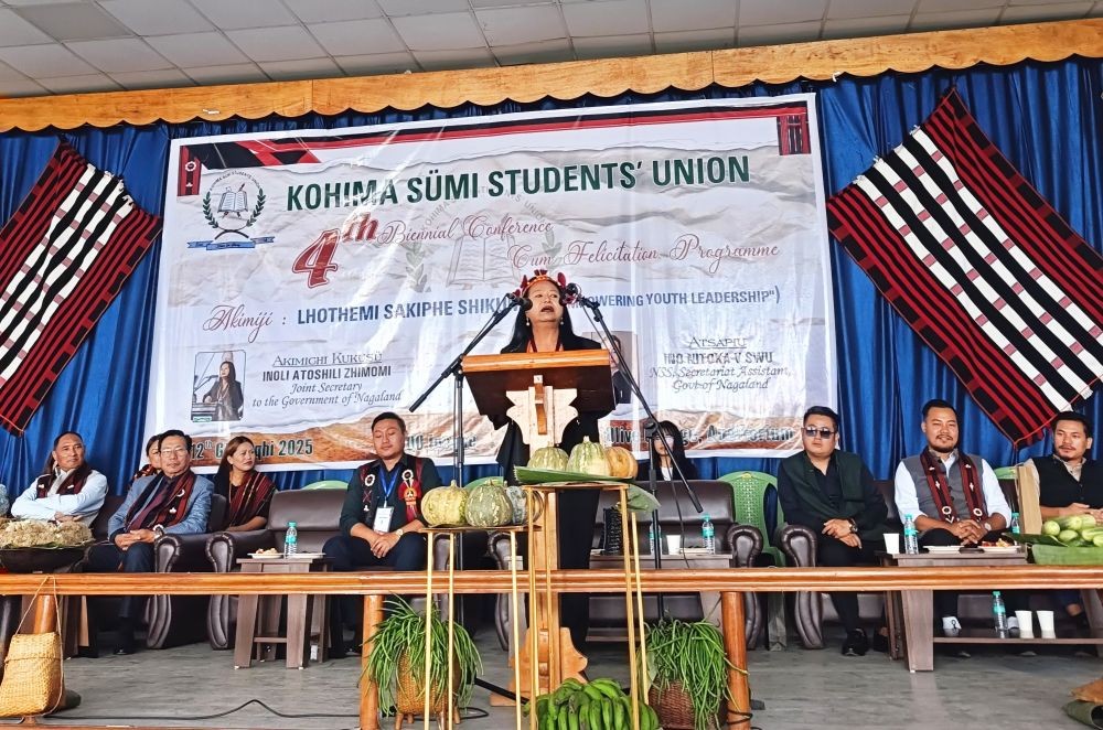 Atoshili Zhimomi, Joint Secretary to Government of Nagaland addressing the Kohima Sumi Students’ Union 4th biennial conference cum felicitation programme on April 12.