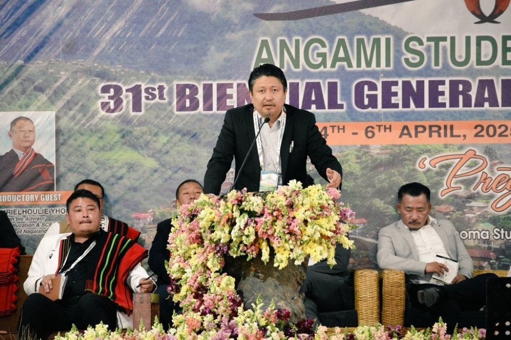 Minister PHED, N Jacob Zhimomi addressing the inaugural programme of the Angami Students’ Union 31st Biennial General Conference held at Khonoma on April 5. (Morung Photo)