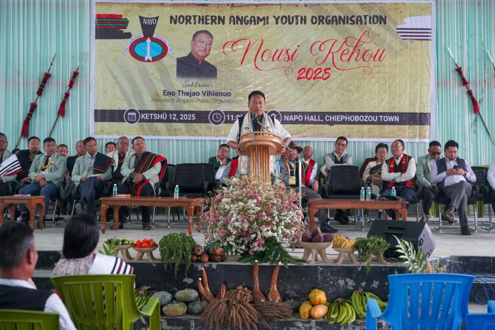 APO president Thejao Vihienuo addressing NAYO’s Nousi Kehou 2025 at Chiephobozou on April 12.