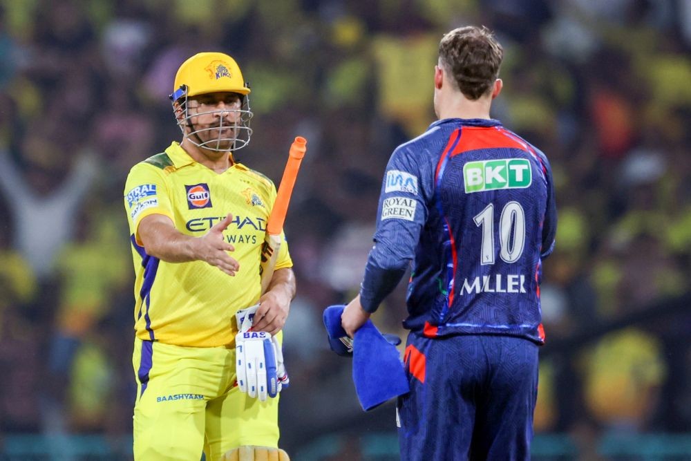 Lucknow: Chennai Super Kings' MS Dhoni greets Lucknow Super Giants' David Miller after Chennai Super Kings beats Lucknow Super Giants at Ekana Cricket Stadium in Lucknow on Monday, April 14, 2025. (Photo: IANS)