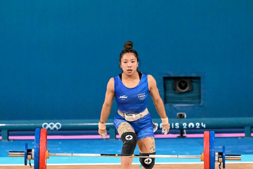Paris: India's Saikhom Mirabai Chanu reacts after failing to lift 114kg during her third attempt in the clean and jerk of the women's 49kg weightlifting event at the Paris Olympics 2024, in Paris, France, on Wednesday, August 7, 2024. (Photo: IANS/Biplab Banerjee)