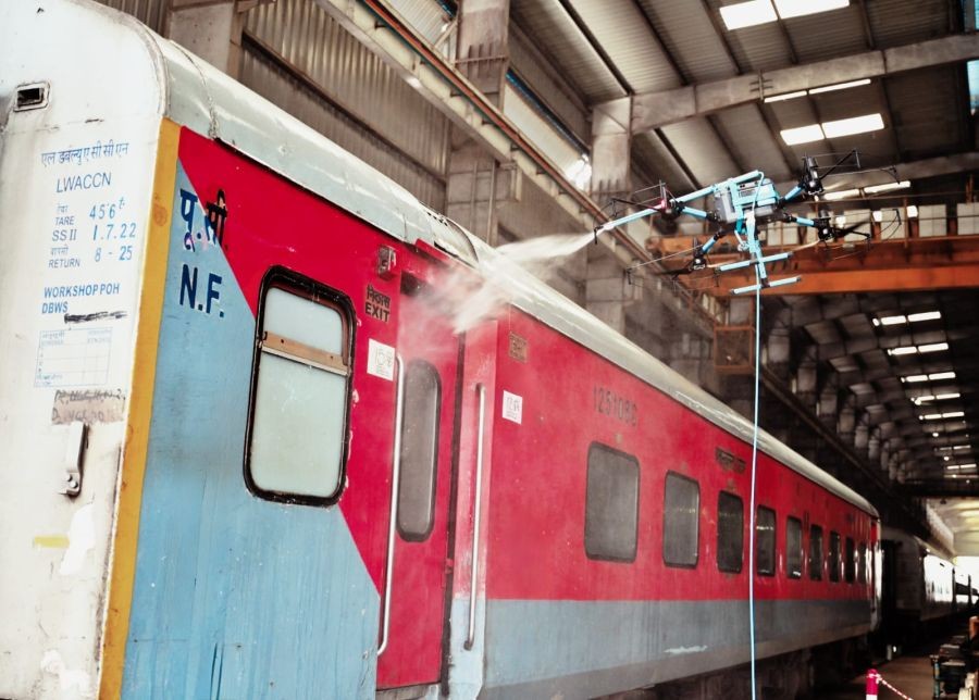 A train coach being washed using a drone at Kamakhya Railway Station, Gauhati. (Photo Courtesy:  CPRO NFR)