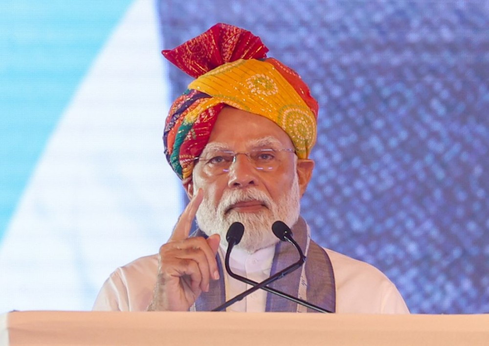 Hisar: Prime Minister Narendra Modi addresses the foundation stone-laying ceremony of the new terminal building of Hisar airport in Haryana on Monday, April 14, 2025. (Photo: IANS)