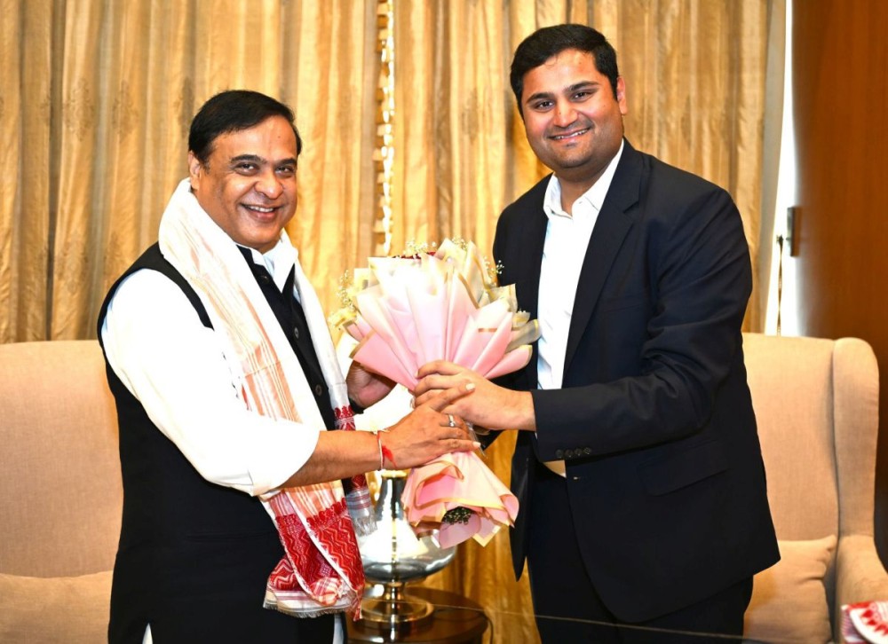 Guwahati: Assam Chief Minister Himanta Biswa Sarma meets Adani Group Director Jeet Adani in Guwahati on Sunday, April 13, 2025. (Photo: IANS)