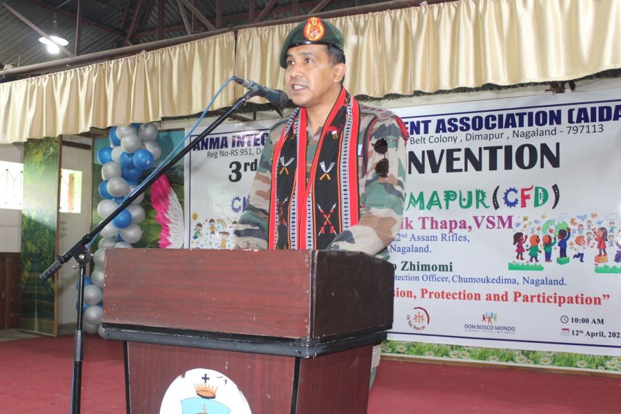 Col. Kartik Thapa, VSM, Commandant of 22nd Assam Rifles, addresses the 3rd Annual Convention of AIDA-Child Friendly Dimapur at Don Bosco Higher Secondary School, Dimapur on April 12.