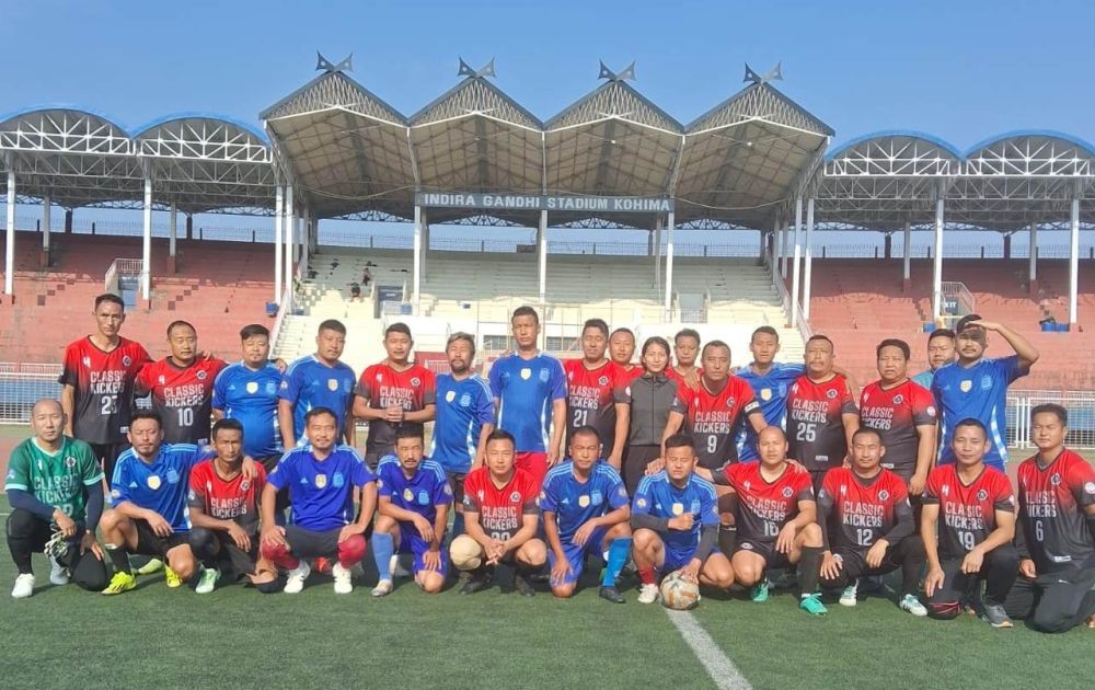 Match officials with players of Classic Kickers and Kohima Police on April 14.