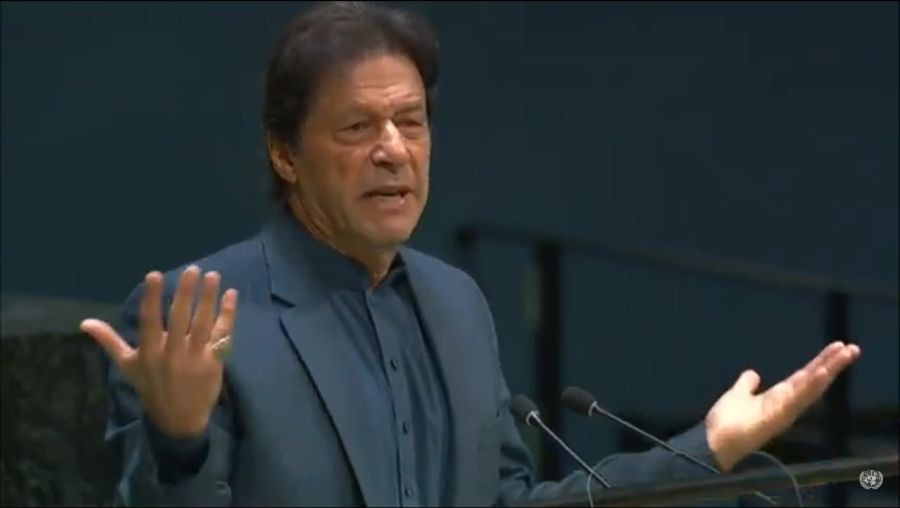 United Nations: Pakistan Prime Minister Imran Khan addresses at the 74th United Nations General Assembly (UNGA), at United Nations on Sep 27, 2019. (Photo: IANS)