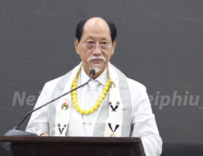 Nagaland Chief Minister Dr Neiphiu Rio addresses the gathering during the inauguration of the Angami Gazetted Officers Krotho Badze Multi-Utility Centre at Meriema, Kohima, on May 29. (Photo Courtesy: @Neiphiu_Rio/X)