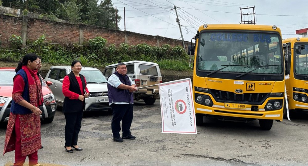 Minister Temjen Imna Along flag off college buses in Kohima on May 21.