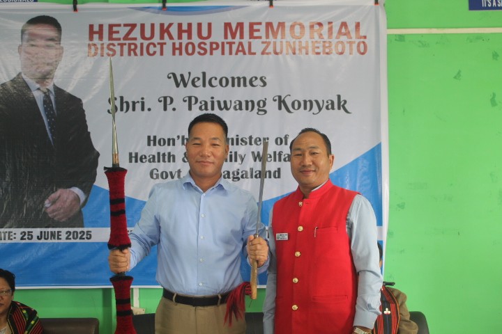 Minister P Paiwang Konyak with Akukau Hetoho S Zhimomi, President Sumi Kukami Hoho at Hezukhu Memorial District Hospital Conference Hall on June 25. (Morung Photo).