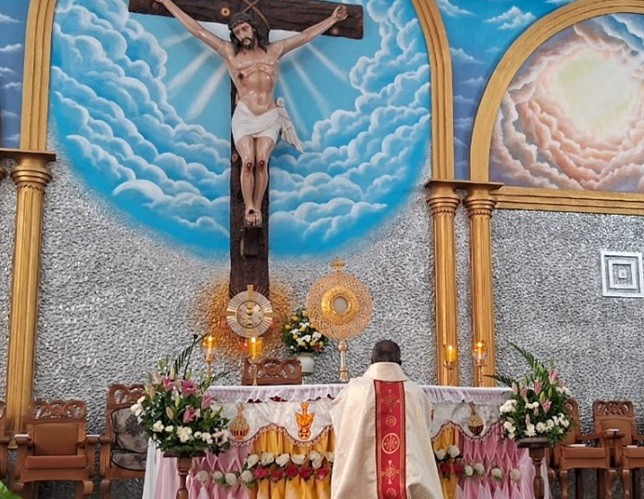 Most Rev Dr James Thoppil, Bishop of Kohima, Nagaland, praying before the Blessed Sacrament at St Joseph Church, Chümoukedima.