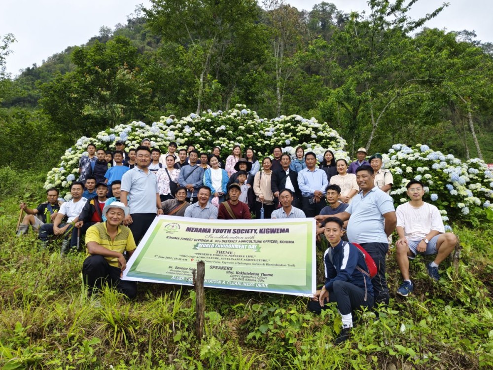 Organizers and participants during the  during the World Environment Day observed by Merama Youth Society, Kigwema in collaboration with Kohima Forest Division & DAO, Kohima at Akiile Potato Farm, Kigwema, Hydrangea Garden and Rhododendron trial. (Morung Photo)