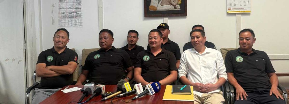 Angami Youth Organisation members during a press conference at its office on June 21. (Morung Photo)