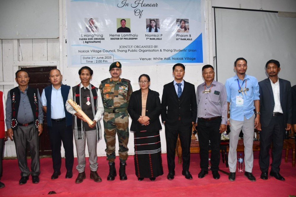 L Hangthing with others during felicitation programme held at White Hall, Noklak village on June 2.