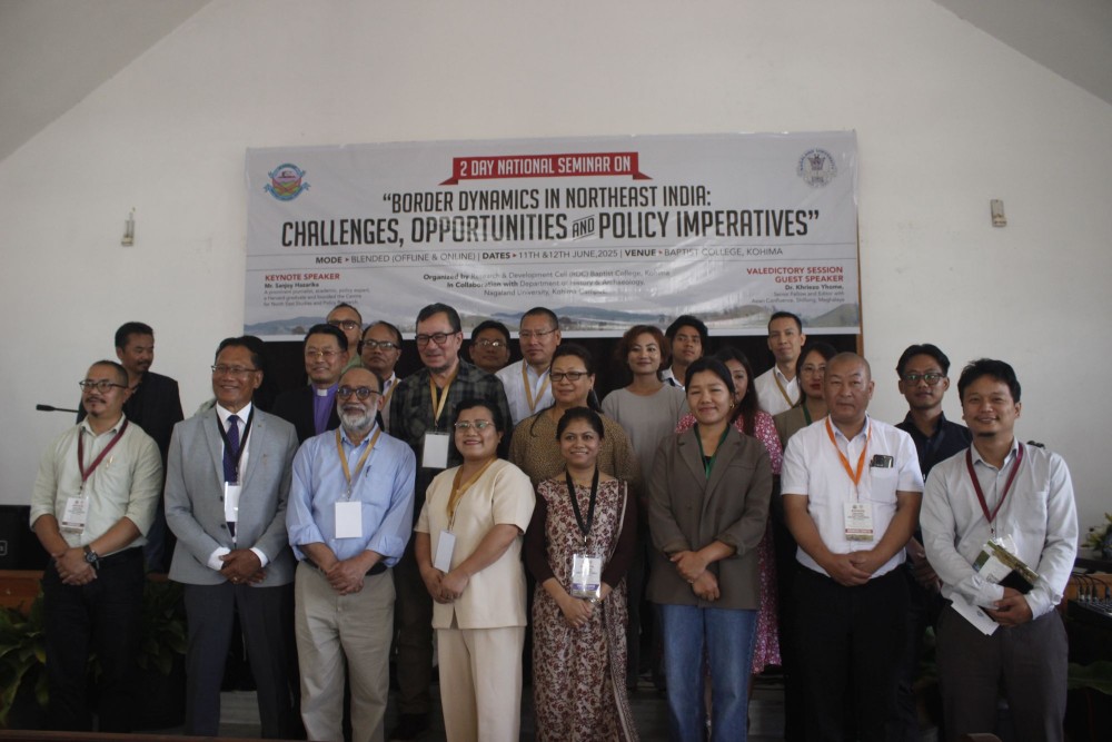 Sanjoy Hazarika, Journalist & Founder of Centre for North East Studies & Policy Research (3rd from L) and Vipralhou Kesiezie, Chairman, Governing Body, Baptist College (2nd from L) seen with other speakers and paper presenters during the inaugural session of the two-day national seminar at Baptist College Kohima on June 11.