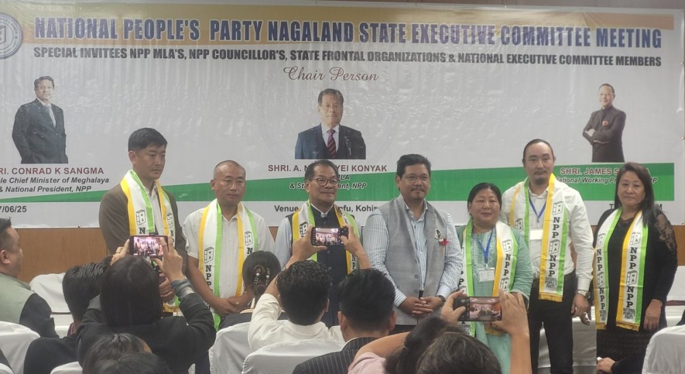 Conrad K Sangma felicitates NPP councillors during NPP Nagaland SEC meeting in Kohima on June 27. (Morung Photo)