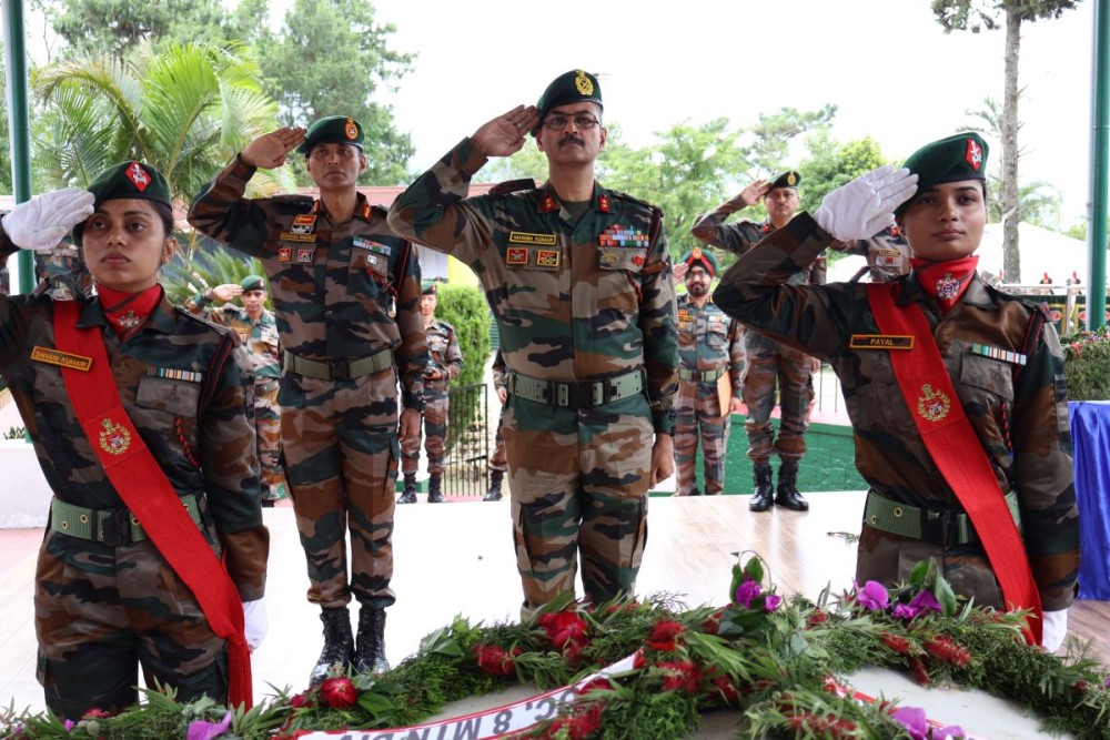 Indian Army and Assam Rifles personnel salute at the Kengurüse War Memorial during the 26th Memorial Day of Capt Neikezhakuo Kengurüse, MVC (Posthumous), in Nerhe Phezha, Nagaland, on June 28.