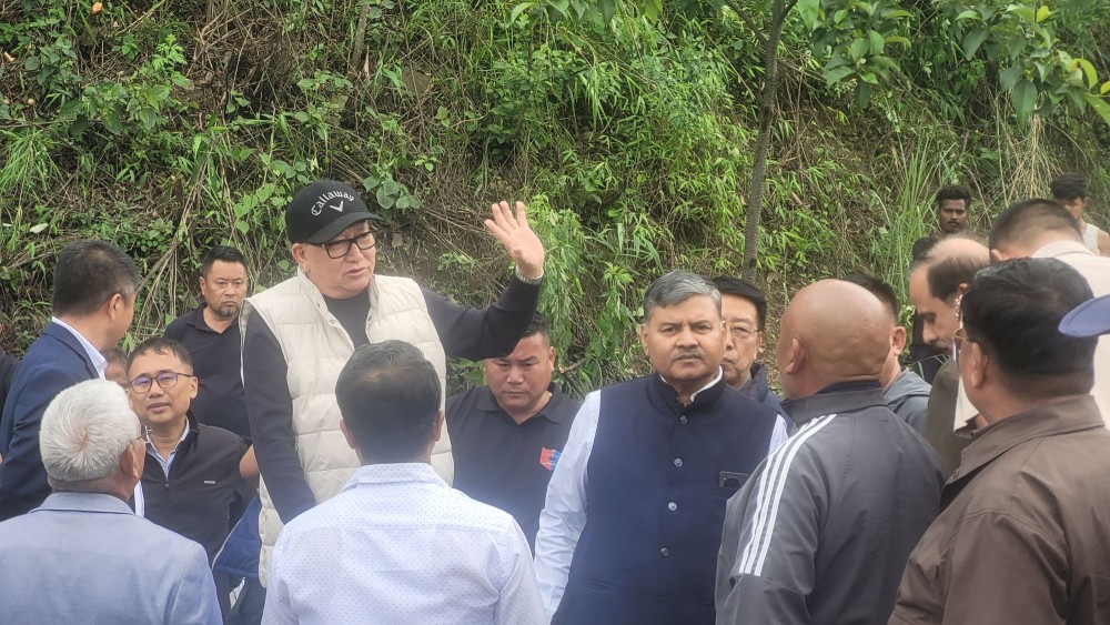 TR Zeliang inspects affected site of NH-2 at Phesama on June 3. (Morung Photo)