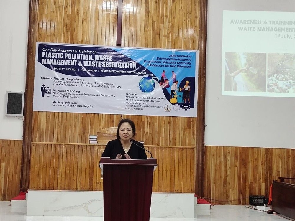 LH. Thangi Mannen, former Commissioner and Secretary to the Government of Nagaland, speaking at the one-day awareness and training programme on plastic pollution, waste management, and waste segregation held on July 1 at Mokokchung Baptist Church, Mokokchung Village. (Morung Photo)