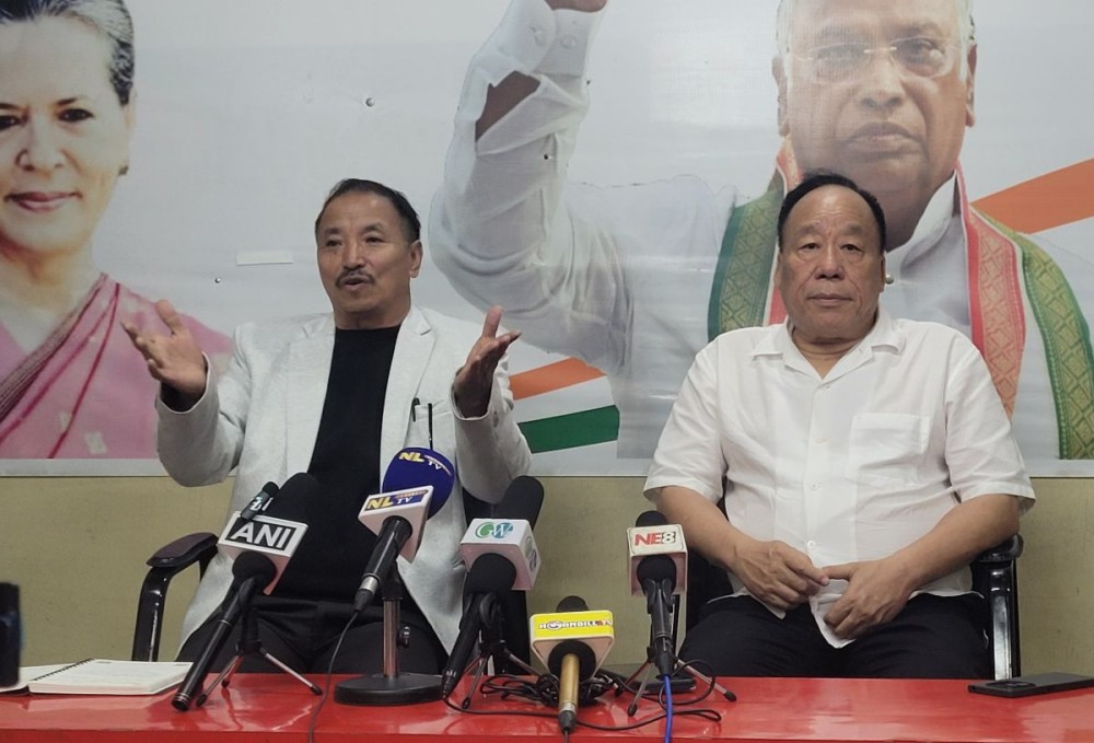 S. Supongmeren Jamir with Khriedi Theunuo addresses press conference in Kohima on July 4. (Morung Photo)