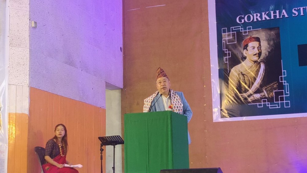 Special Guest Sanjay Rai, Retired Director Department of Sericulture Government of Nagaland speaking at 211th Bhanu Jayanti Celebration at Town Hall, Mokokchung on July 13.