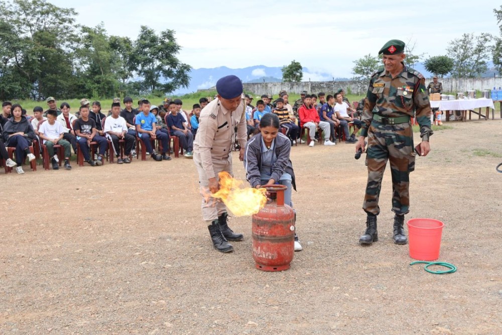 Students join practical demonstration on emergency preparedness and fire safety awareness in Kohima on July 12.