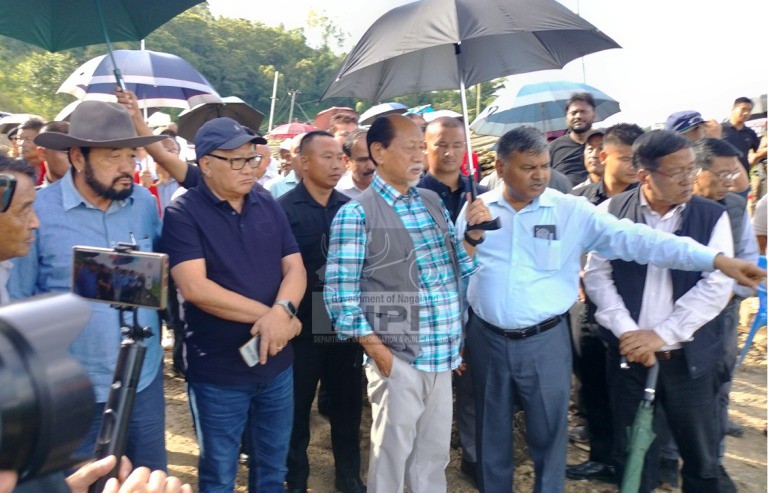 Chief Minister Dr Neiphiu Rio with Deputy Chief Ministers, TR Zeliang and Y Patton and officials assessing the damage at the landslide site on NH-2 near Phesama on July 22. (DIPR Photo)
