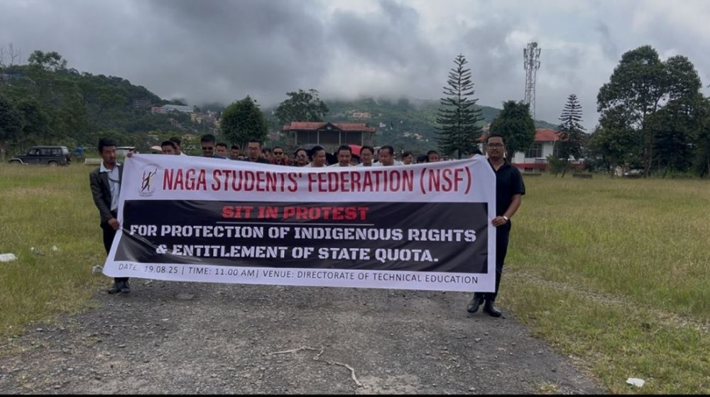 Members of the Naga Students’ Federation protest the candidature of a non-indigenous candidate under the Nagaland State quota for NEET 2025 in Kohima on August 19.  (Morung Photo)