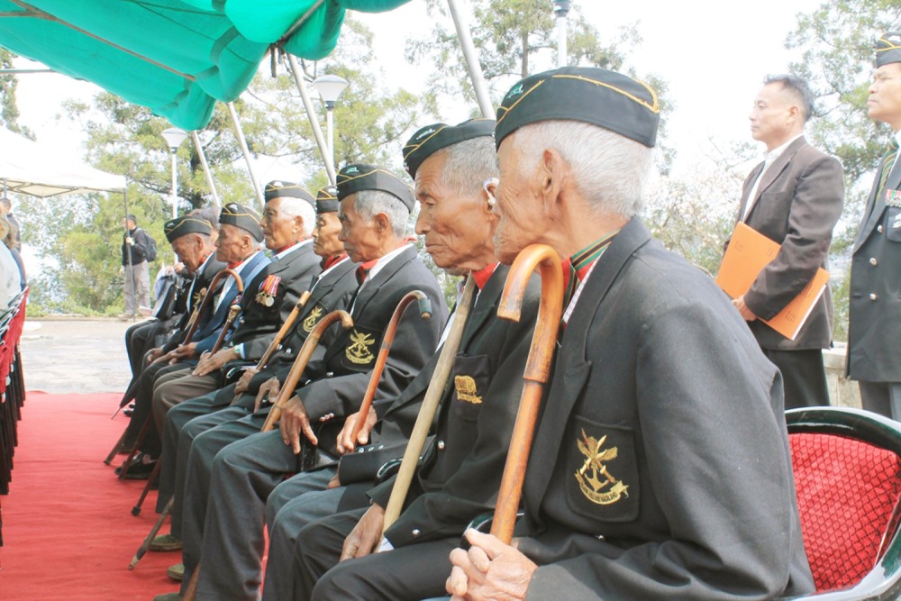 The nine Naga veterans who were present at the commemoration of the 70th Anniversary of the Battle of Kohima at Kohima War Cemetery on April 4.